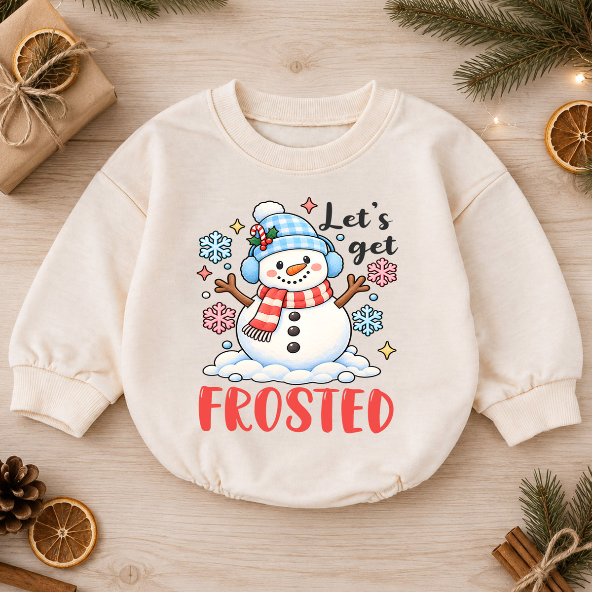 Let's Get Frosted Baby Romper, Cute Snowman Christmas Romper, Toddler Winter Holiday Outfit, Funny Xmas Gift for Baby — product view 1