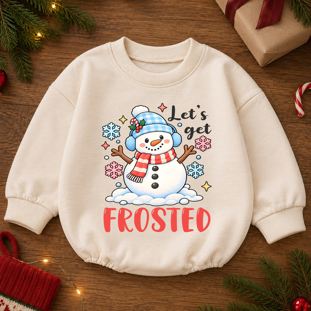 Let's Get Frosted Baby Romper, Cute Snowman Christmas Romper, Toddler Winter Holiday Outfit, Funny Xmas Gift for Baby — product view 2