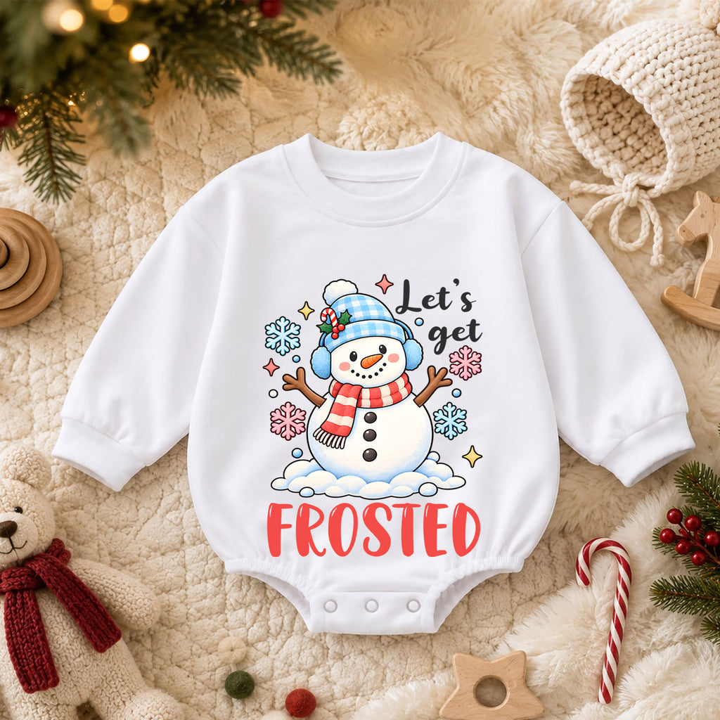 Let's Get Frosted Baby Romper, Cute Snowman Christmas Romper, Toddler Winter Holiday Outfit, Funny Xmas Gift for Baby — product view 3