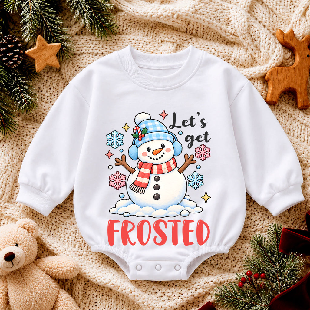Let's Get Frosted Baby Romper, Cute Snowman Christmas Romper, Toddler Winter Holiday Outfit, Funny Xmas Gift for Baby — product view 4