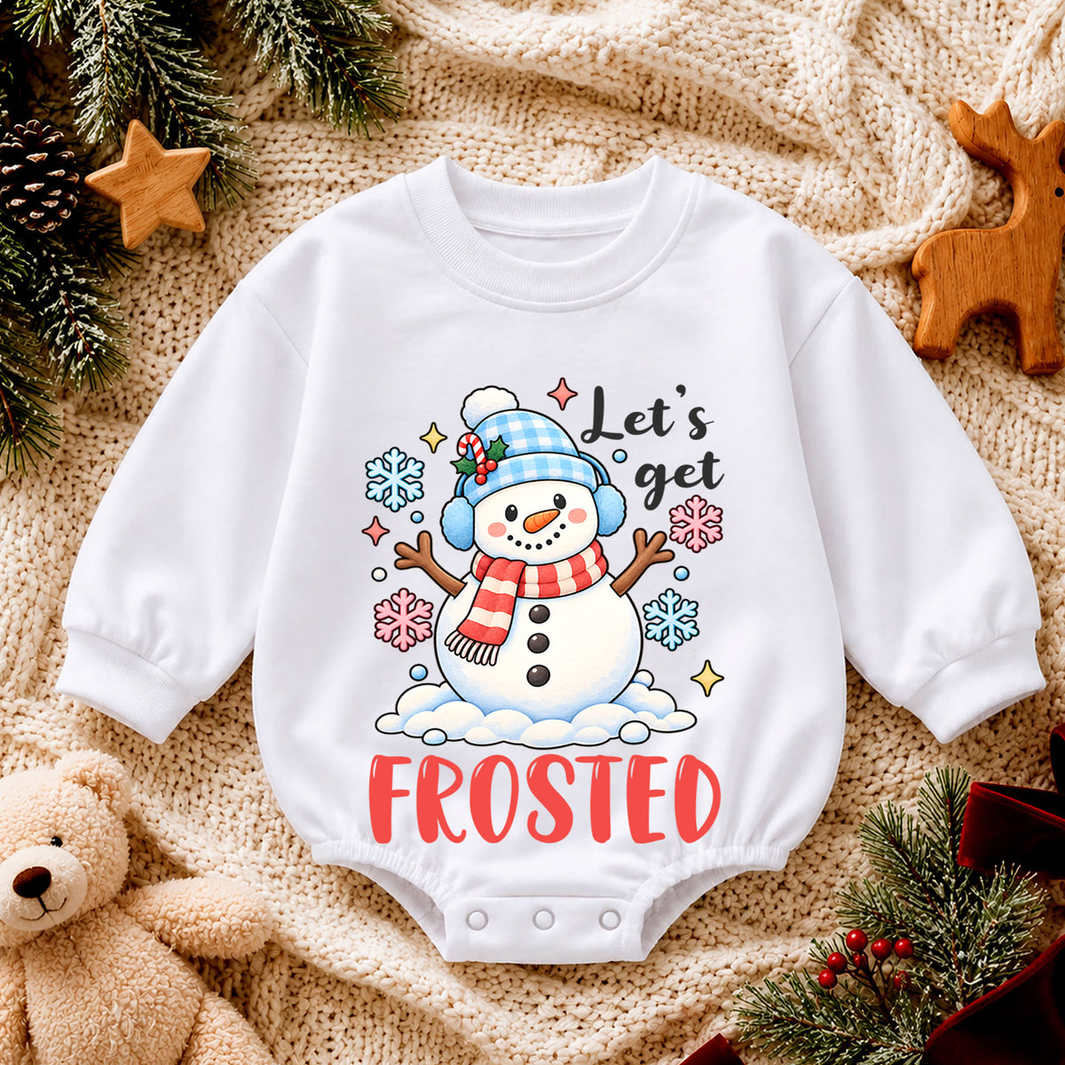 Let's Get Frosted Baby Romper, Cute Snowman Christmas Romper, Toddler Winter Holiday Outfit, Funny Xmas Gift for Baby — product view 4