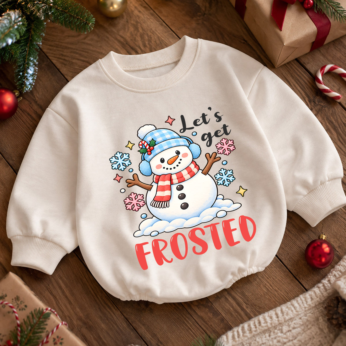 Let's Get Frosted Baby Romper, Cute Snowman Christmas Romper, Toddler Winter Holiday Outfit, Funny Xmas Gift for Baby — product view 5