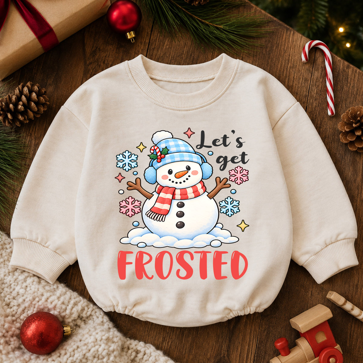 Let's Get Frosted Baby Romper, Cute Snowman Christmas Romper, Toddler Winter Holiday Outfit, Funny Xmas Gift for Baby — product view 6