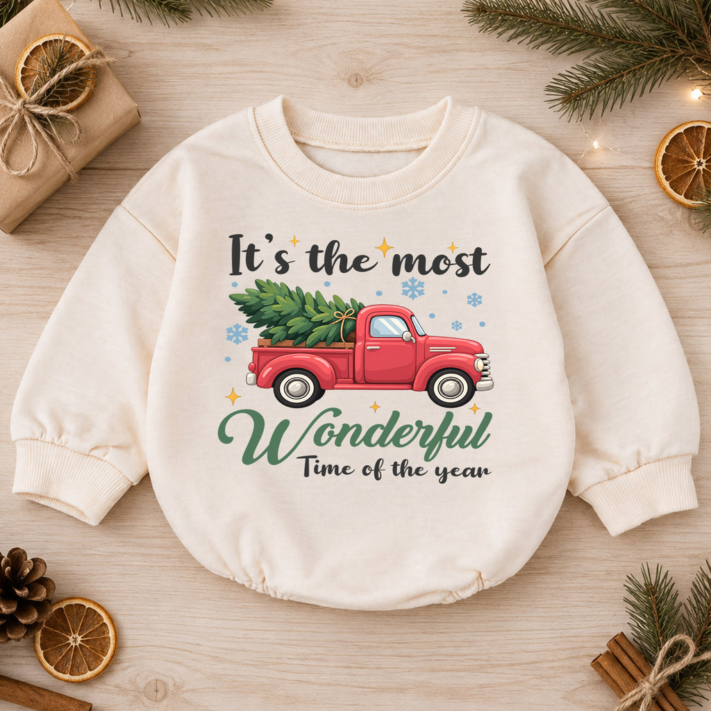 Most Wonderful Time Baby Romper, Red Truck Christmas Romper, Christmas Tree Holiday Outfit, Toddler Xmas Gift — product view 1