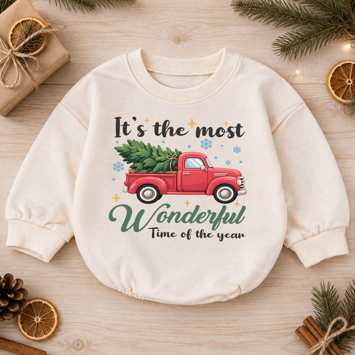 Most Wonderful Time Baby Romper, Red Truck Christmas Romper, Christmas Tree Holiday Outfit, Toddler Xmas Gift — product view 1