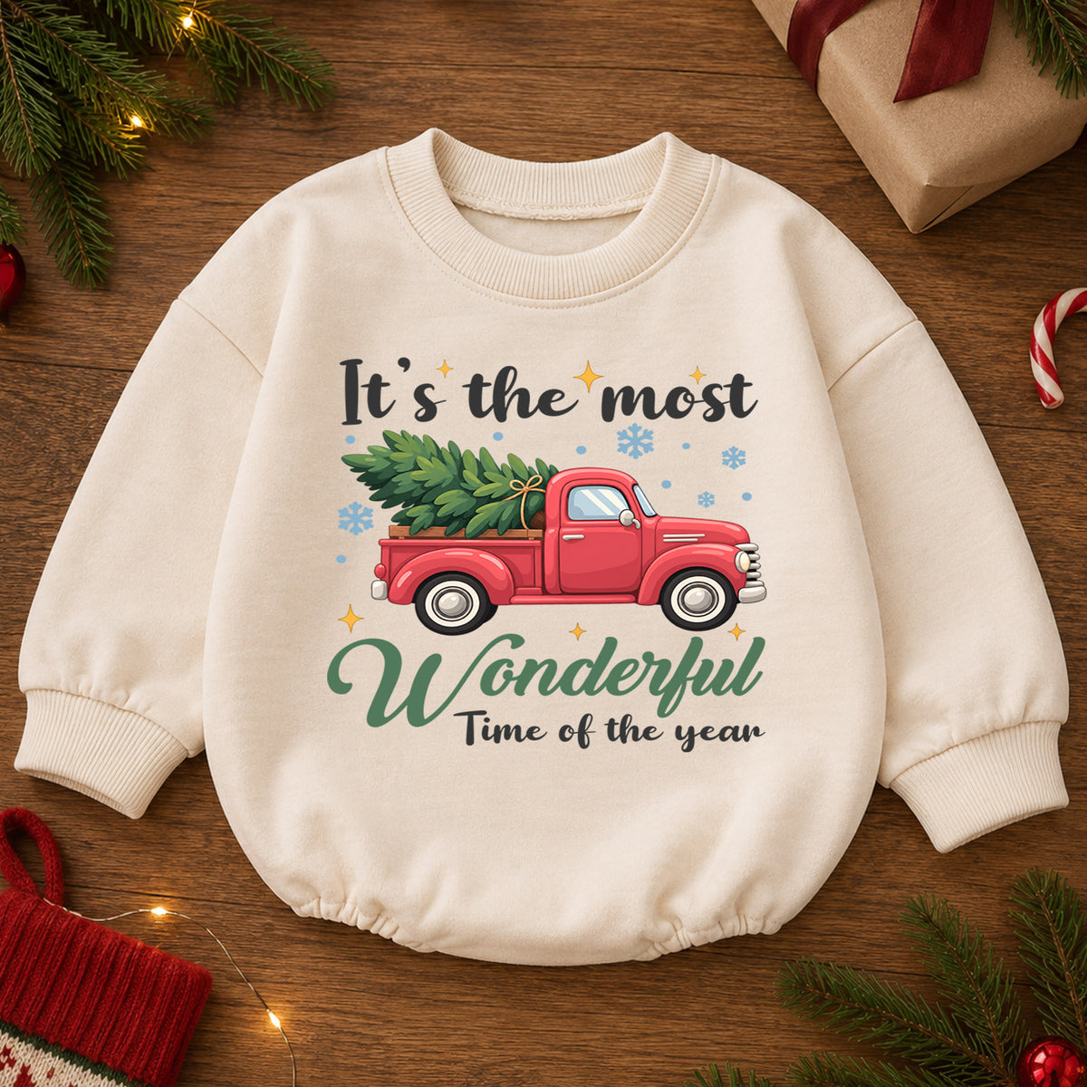 Most Wonderful Time Baby Romper, Red Truck Christmas Romper, Christmas Tree Holiday Outfit, Toddler Xmas Gift — product view 2