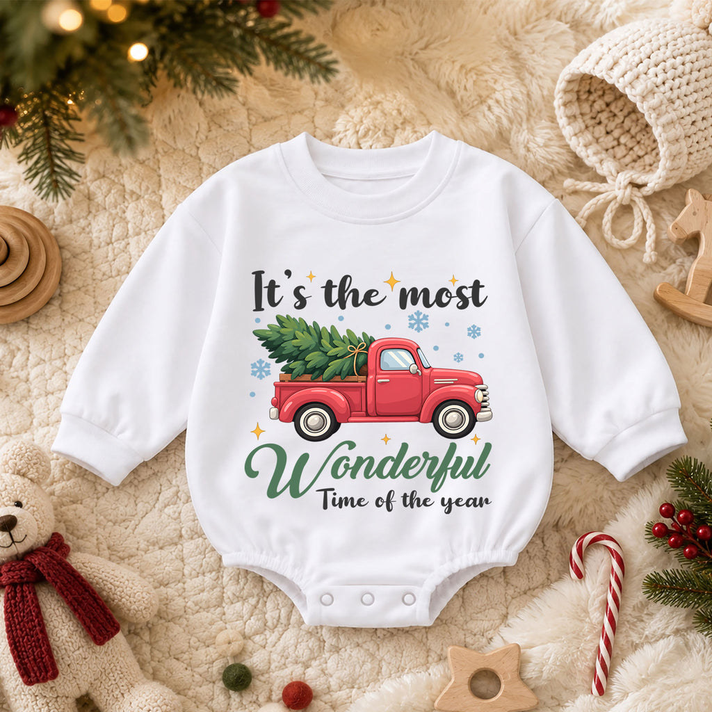 Most Wonderful Time Baby Romper, Red Truck Christmas Romper, Christmas Tree Holiday Outfit, Toddler Xmas Gift — product view 3
