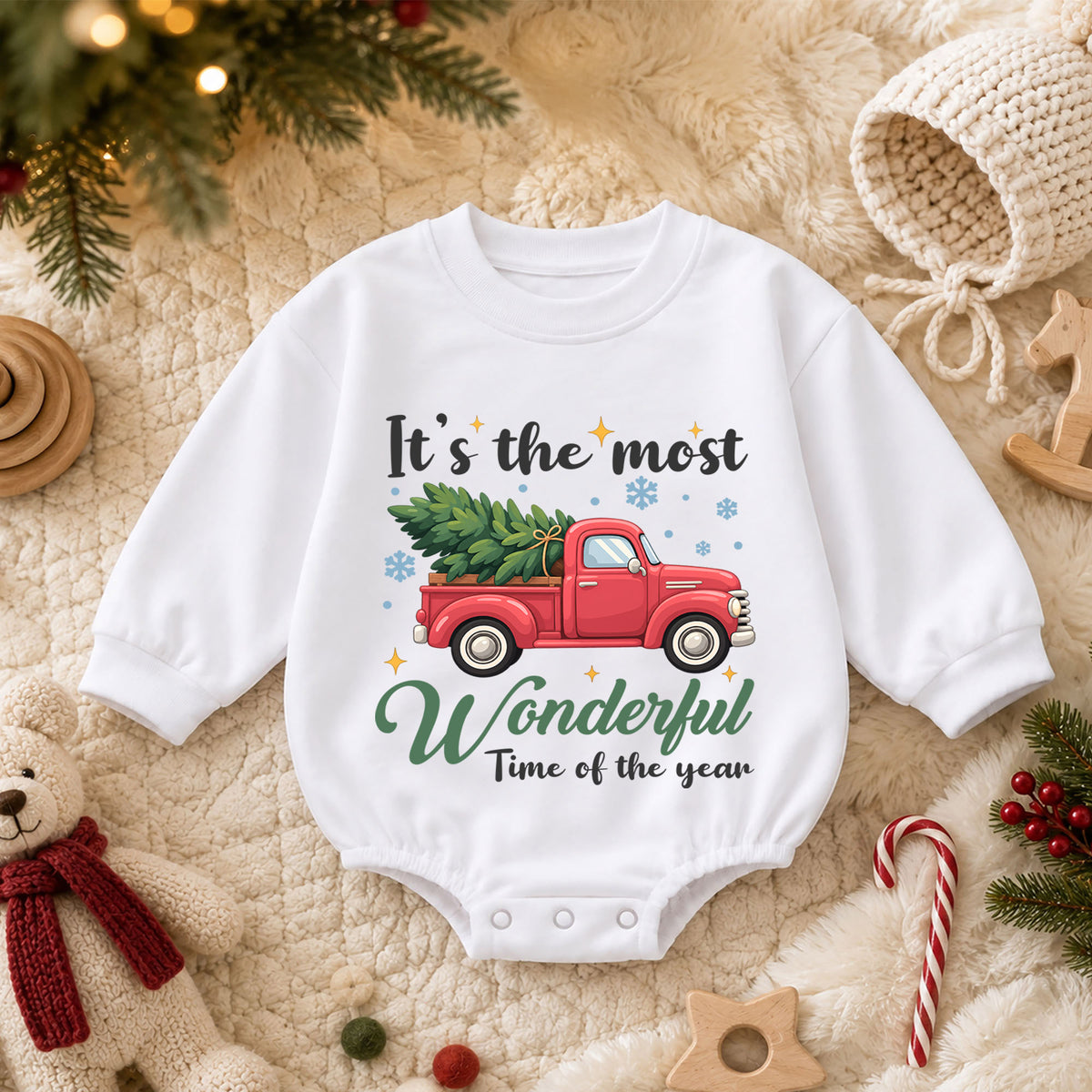 Most Wonderful Time Baby Romper, Red Truck Christmas Romper, Christmas Tree Holiday Outfit, Toddler Xmas Gift — product view 3