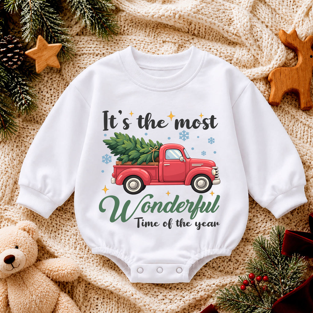 Most Wonderful Time Baby Romper, Red Truck Christmas Romper, Christmas Tree Holiday Outfit, Toddler Xmas Gift — product view 4