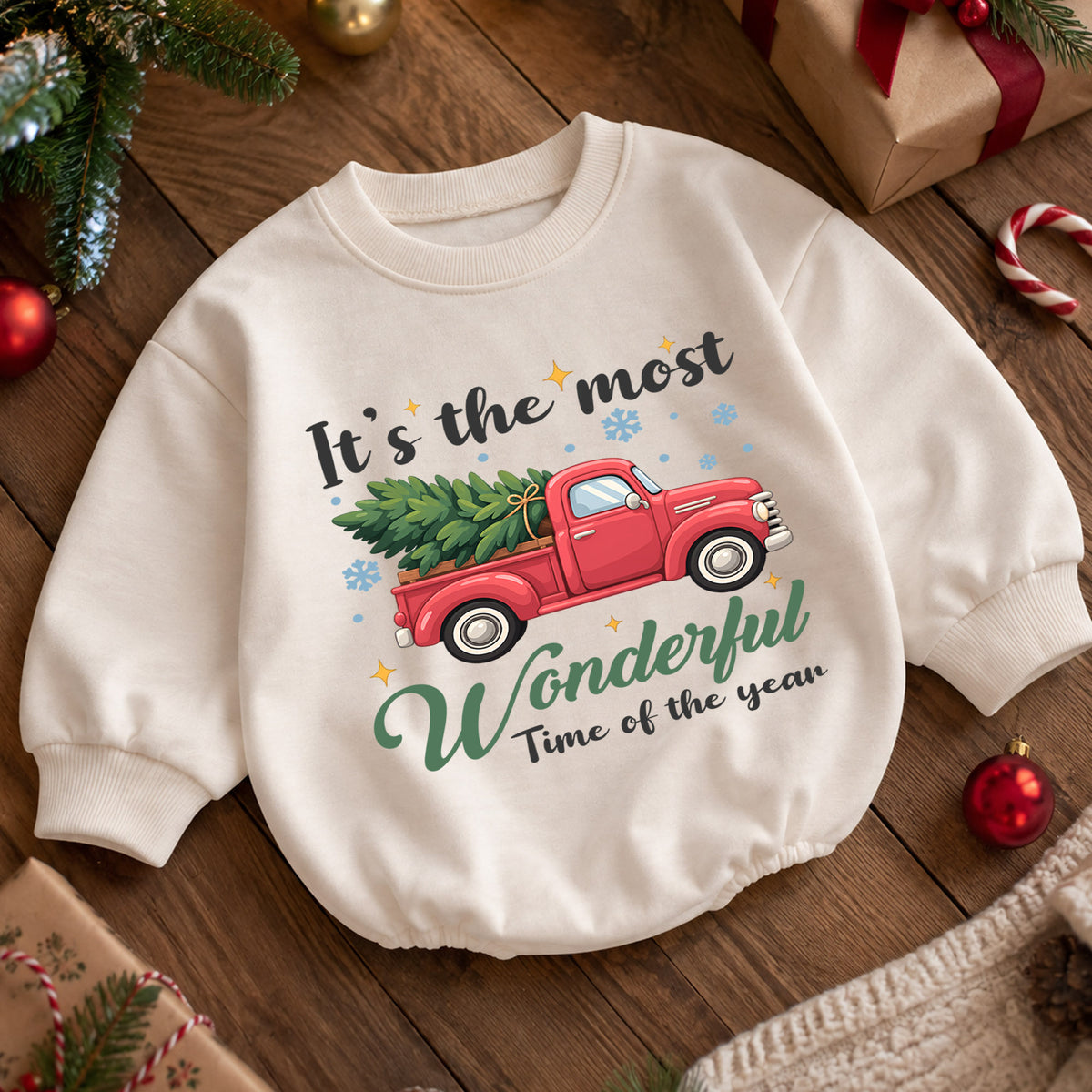 Most Wonderful Time Baby Romper, Red Truck Christmas Romper, Christmas Tree Holiday Outfit, Toddler Xmas Gift — product view 5