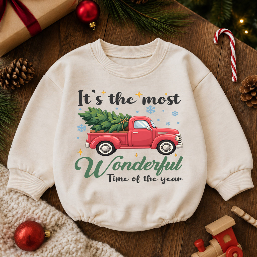 Most Wonderful Time Baby Romper, Red Truck Christmas Romper, Christmas Tree Holiday Outfit, Toddler Xmas Gift — product view 6