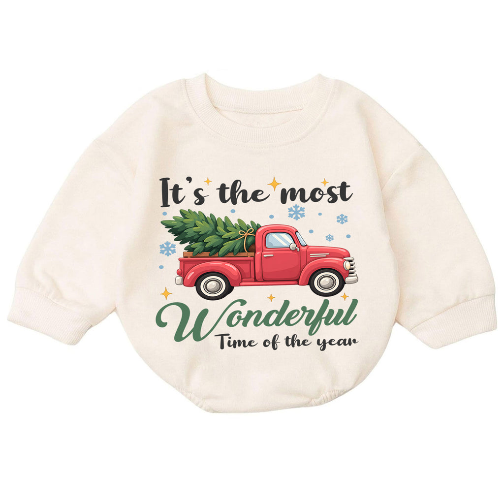 Most Wonderful Time Baby Romper, Red Truck Christmas Romper, Christmas Tree Holiday Outfit, Toddler Xmas Gift — product view 7