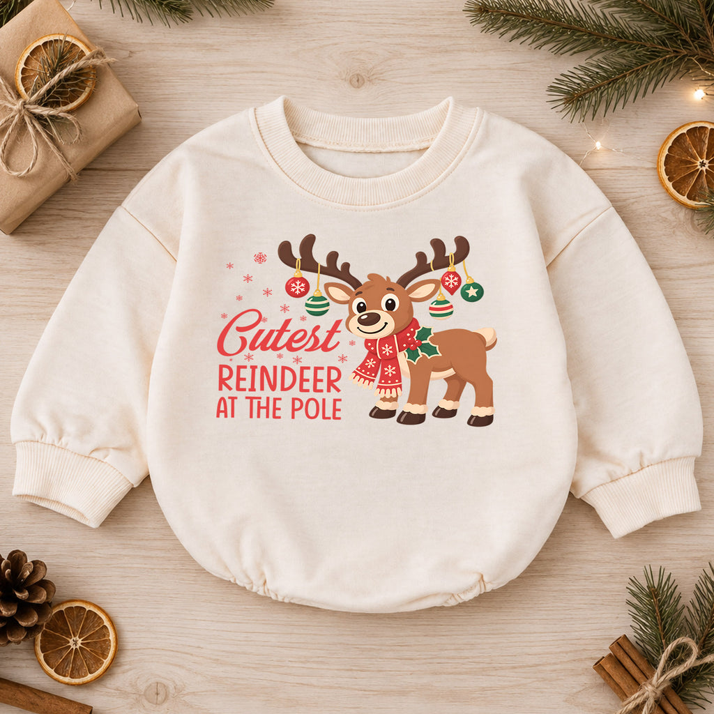 Cutest Reindeer at the Pole Baby Romper, Cute Reindeer Christmas Romper, Toddler Holiday Outfit, Xmas Gift for Baby — product view 1