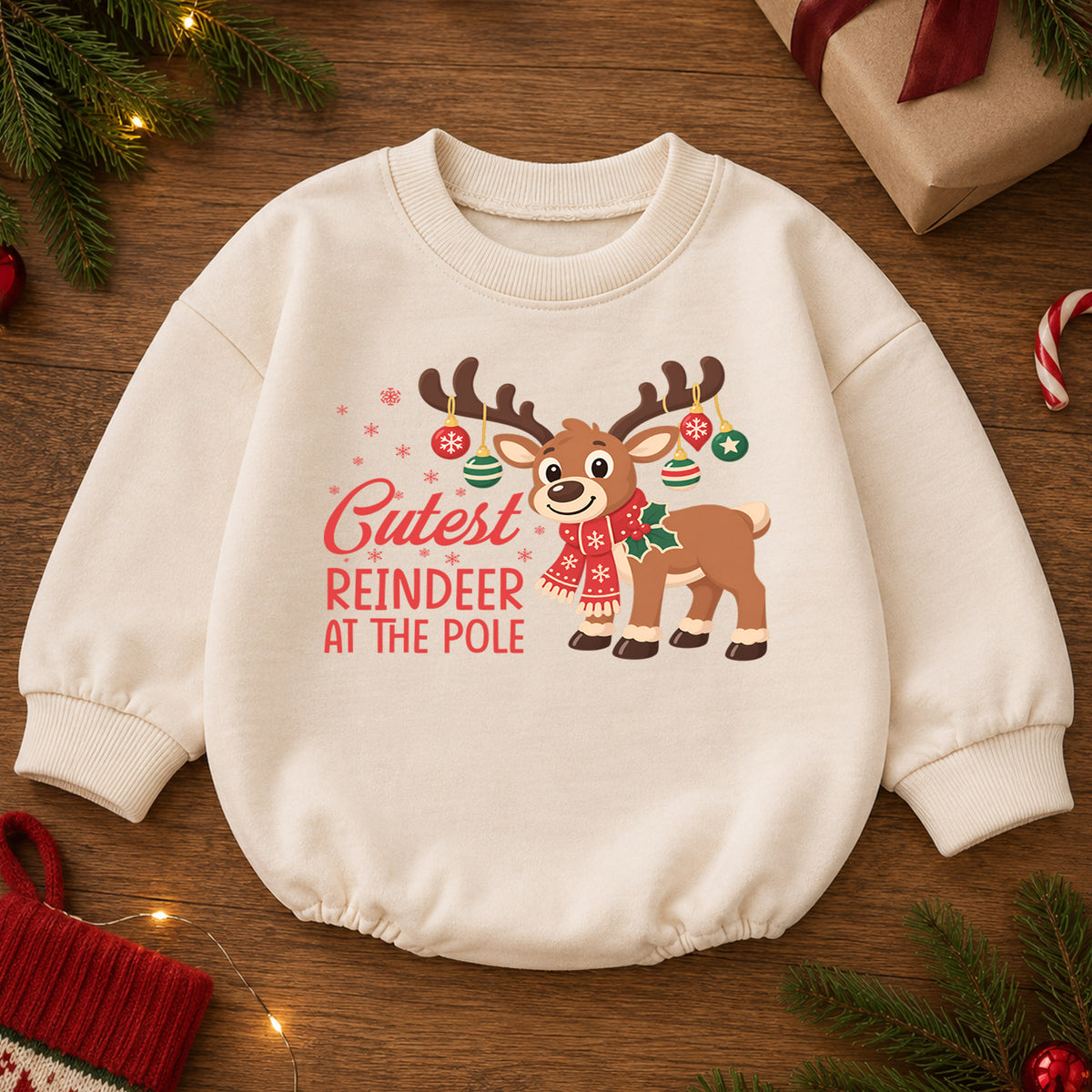 Cutest Reindeer at the Pole Baby Romper, Cute Reindeer Christmas Romper, Toddler Holiday Outfit, Xmas Gift for Baby — product view 2