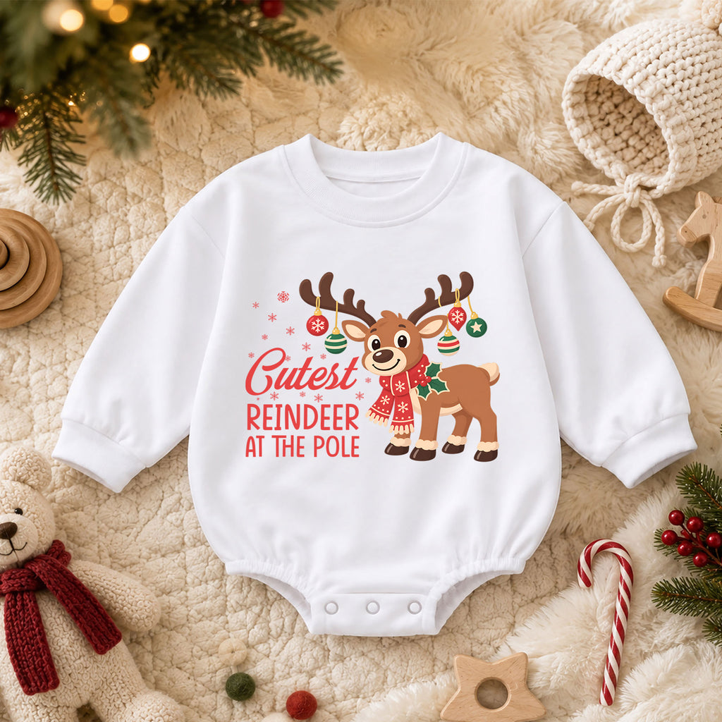 Cutest Reindeer at the Pole Baby Romper, Cute Reindeer Christmas Romper, Toddler Holiday Outfit, Xmas Gift for Baby — product view 3