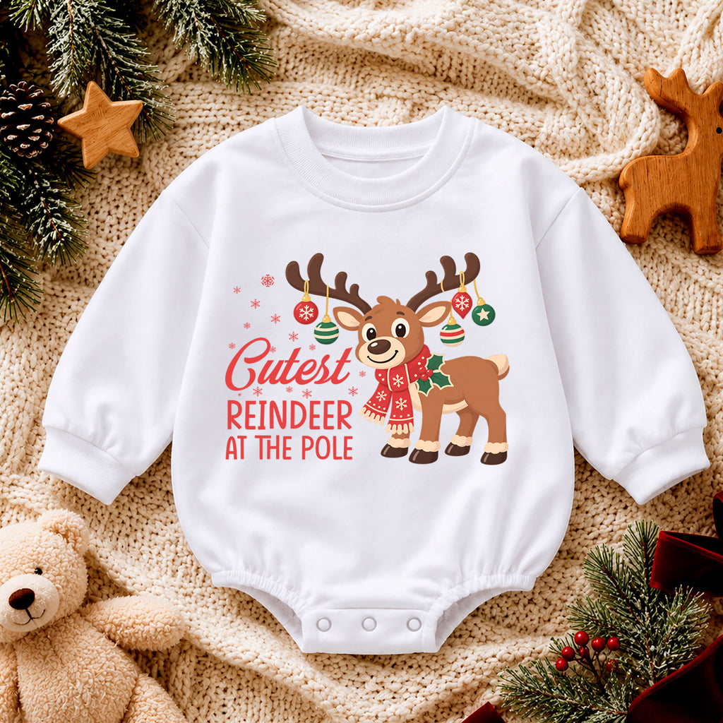 Cutest Reindeer at the Pole Baby Romper, Cute Reindeer Christmas Romper, Toddler Holiday Outfit, Xmas Gift for Baby — product view 4