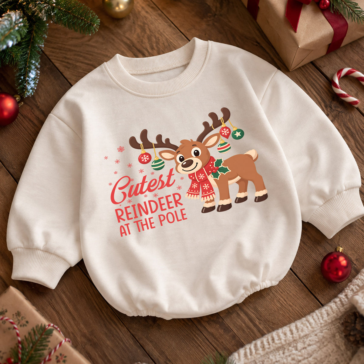 Cutest Reindeer at the Pole Baby Romper, Cute Reindeer Christmas Romper, Toddler Holiday Outfit, Xmas Gift for Baby — product view 5