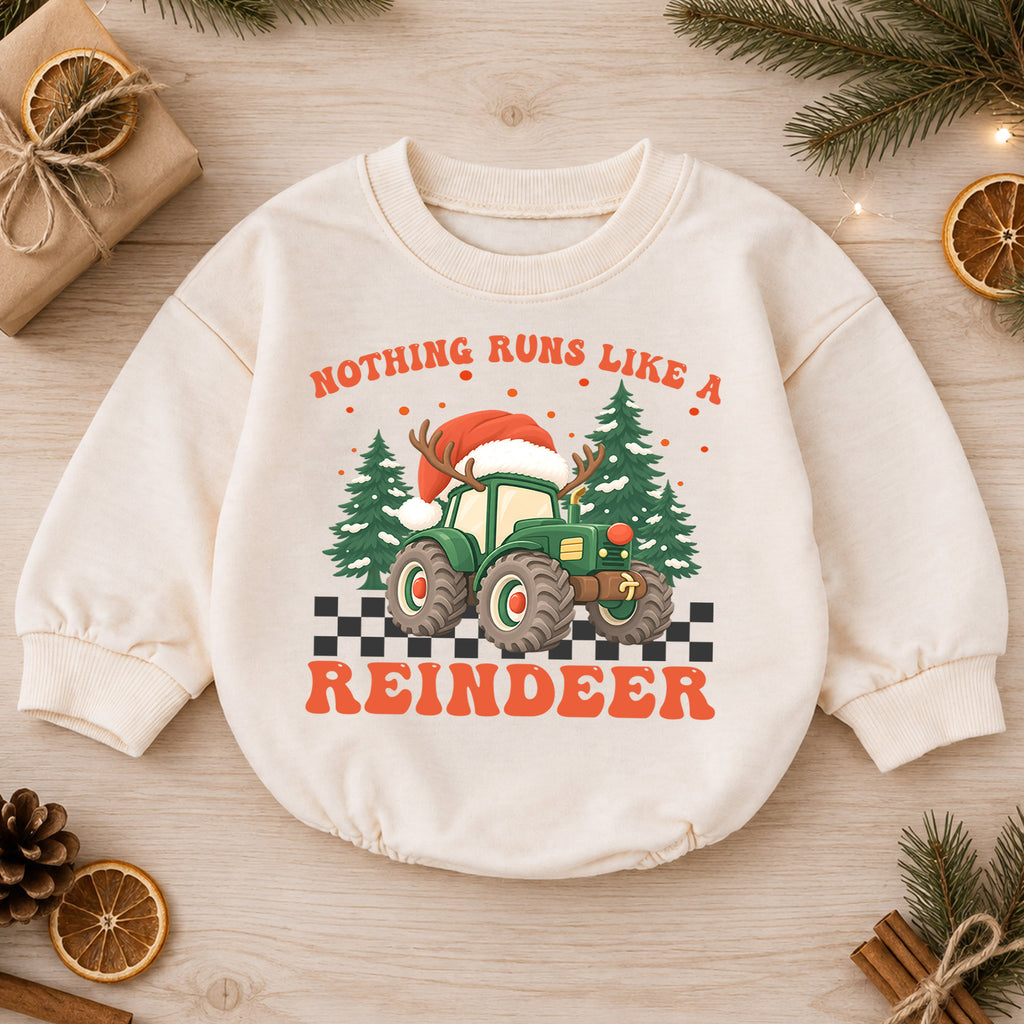 Christmas Tractor Baby Outfit, Nothing Runs Like a Reindeer Romper, Toddler Farm Xmas Romper, Baby Holiday Outfit, Christmas Gift — product view 1