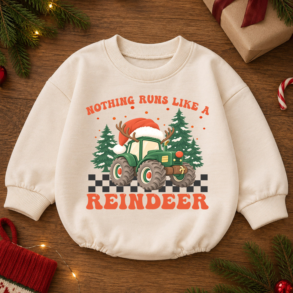 Christmas Tractor Baby Outfit, Nothing Runs Like a Reindeer Romper, Toddler Farm Xmas Romper, Baby Holiday Outfit, Christmas Gift — product view 2