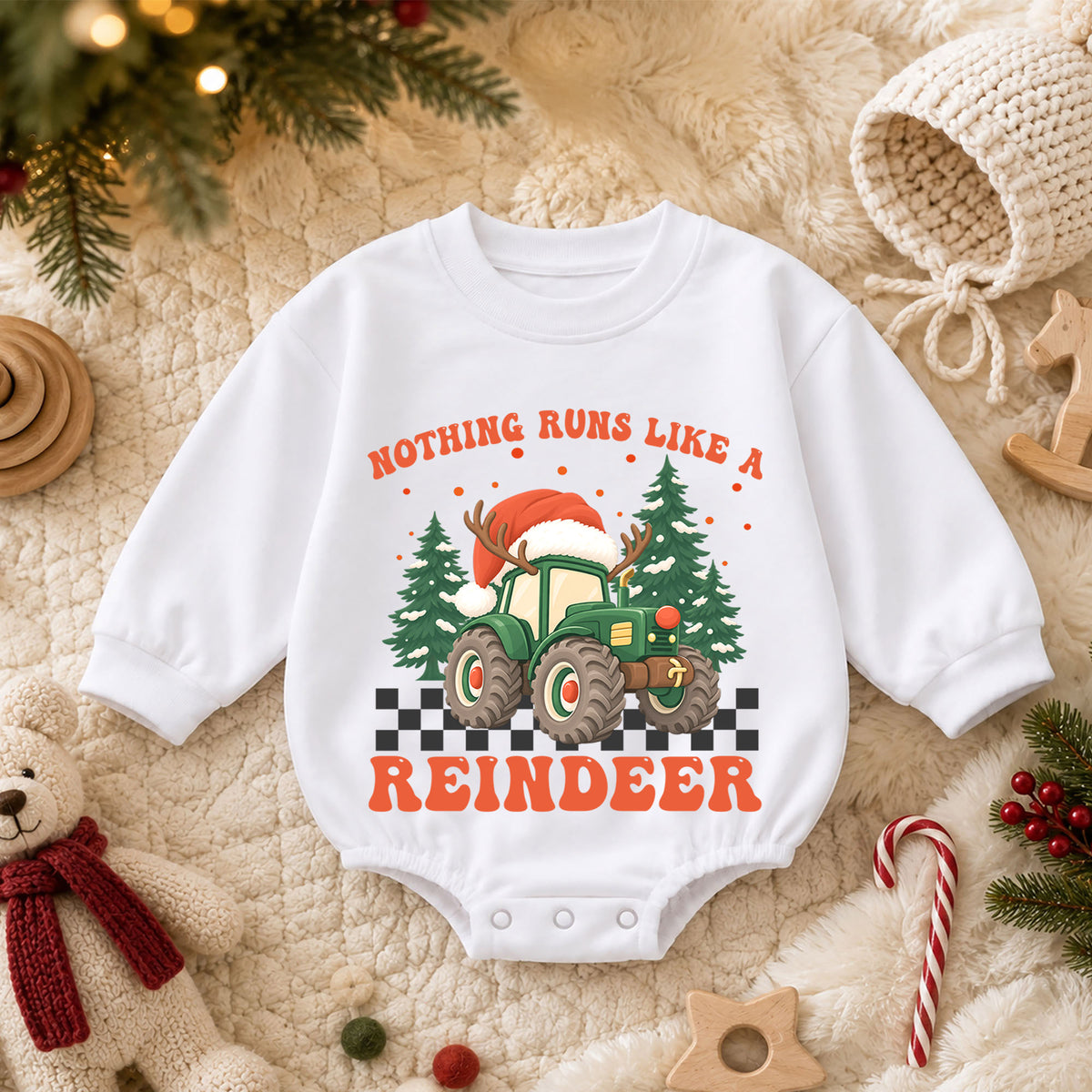 Christmas Tractor Baby Outfit, Nothing Runs Like a Reindeer Romper, Toddler Farm Xmas Romper, Baby Holiday Outfit, Christmas Gift — product view 3