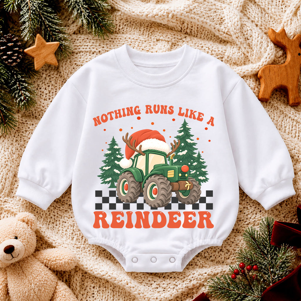 Christmas Tractor Baby Outfit, Nothing Runs Like a Reindeer Romper, Toddler Farm Xmas Romper, Baby Holiday Outfit, Christmas Gift — product view 4