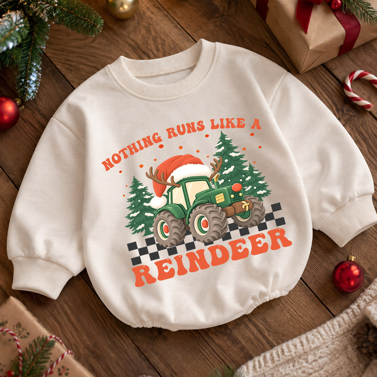 Christmas Tractor Baby Outfit, Nothing Runs Like a Reindeer Romper, Toddler Farm Xmas Romper, Baby Holiday Outfit, Christmas Gift — product view 5