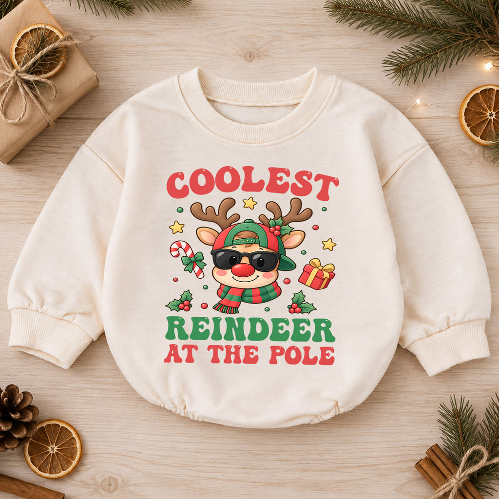 Coolest Reindeer at the Pole Baby Romper, Funny Reindeer Christmas Romper, Toddler Holiday Outfit, Xmas Gift for Baby — product view 1