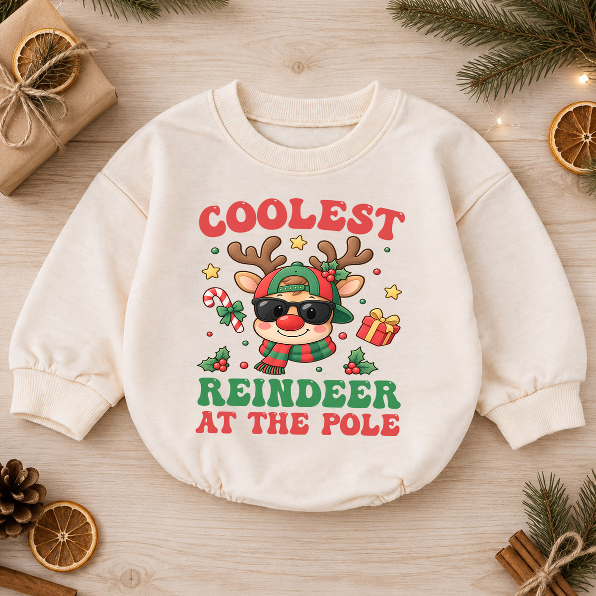 Coolest Reindeer at the Pole Baby Romper, Funny Reindeer Christmas Romper, Toddler Holiday Outfit, Xmas Gift for Baby — product view 1