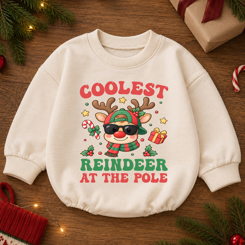 Coolest Reindeer at the Pole Baby Romper, Funny Reindeer Christmas Romper, Toddler Holiday Outfit, Xmas Gift for Baby — product view 2