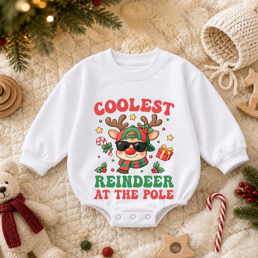 Coolest Reindeer at the Pole Baby Romper, Funny Reindeer Christmas Romper, Toddler Holiday Outfit, Xmas Gift for Baby — product view 3