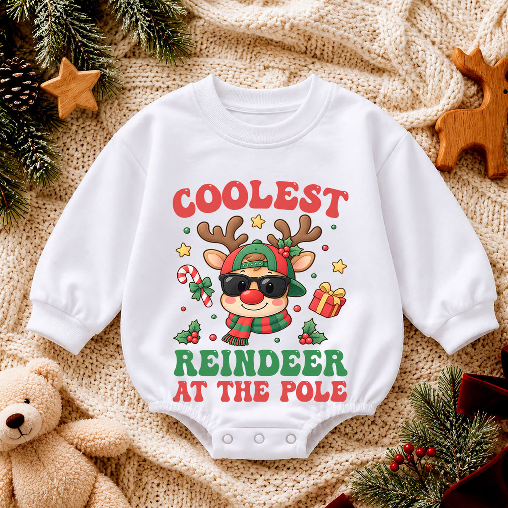 Coolest Reindeer at the Pole Baby Romper, Funny Reindeer Christmas Romper, Toddler Holiday Outfit, Xmas Gift for Baby — product view 4