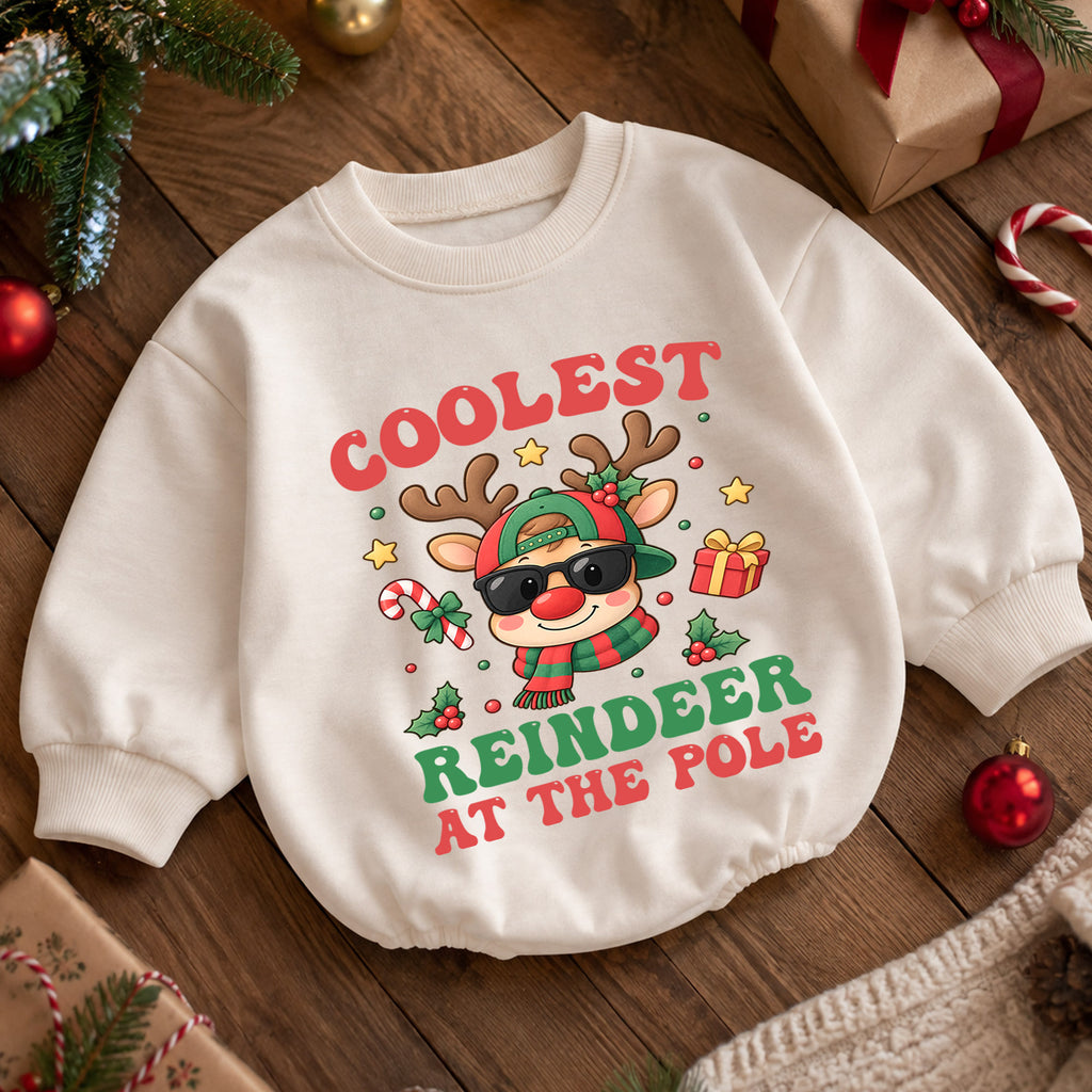 Coolest Reindeer at the Pole Baby Romper, Funny Reindeer Christmas Romper, Toddler Holiday Outfit, Xmas Gift for Baby — product view 5