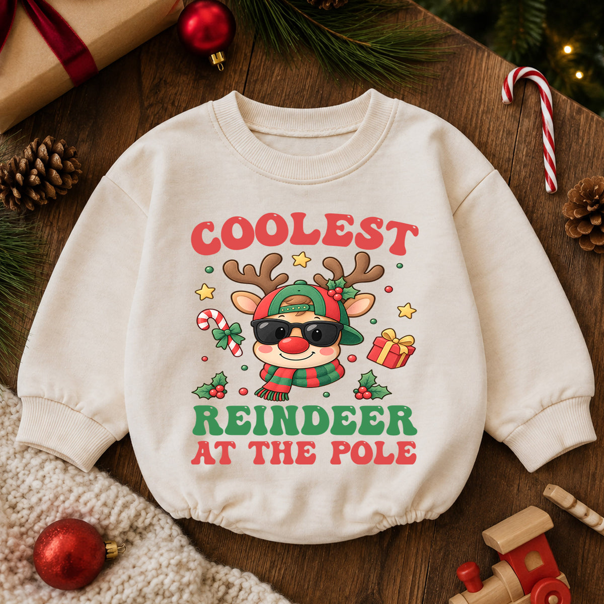 Coolest Reindeer at the Pole Baby Romper, Funny Reindeer Christmas Romper, Toddler Holiday Outfit, Xmas Gift for Baby — product view 6