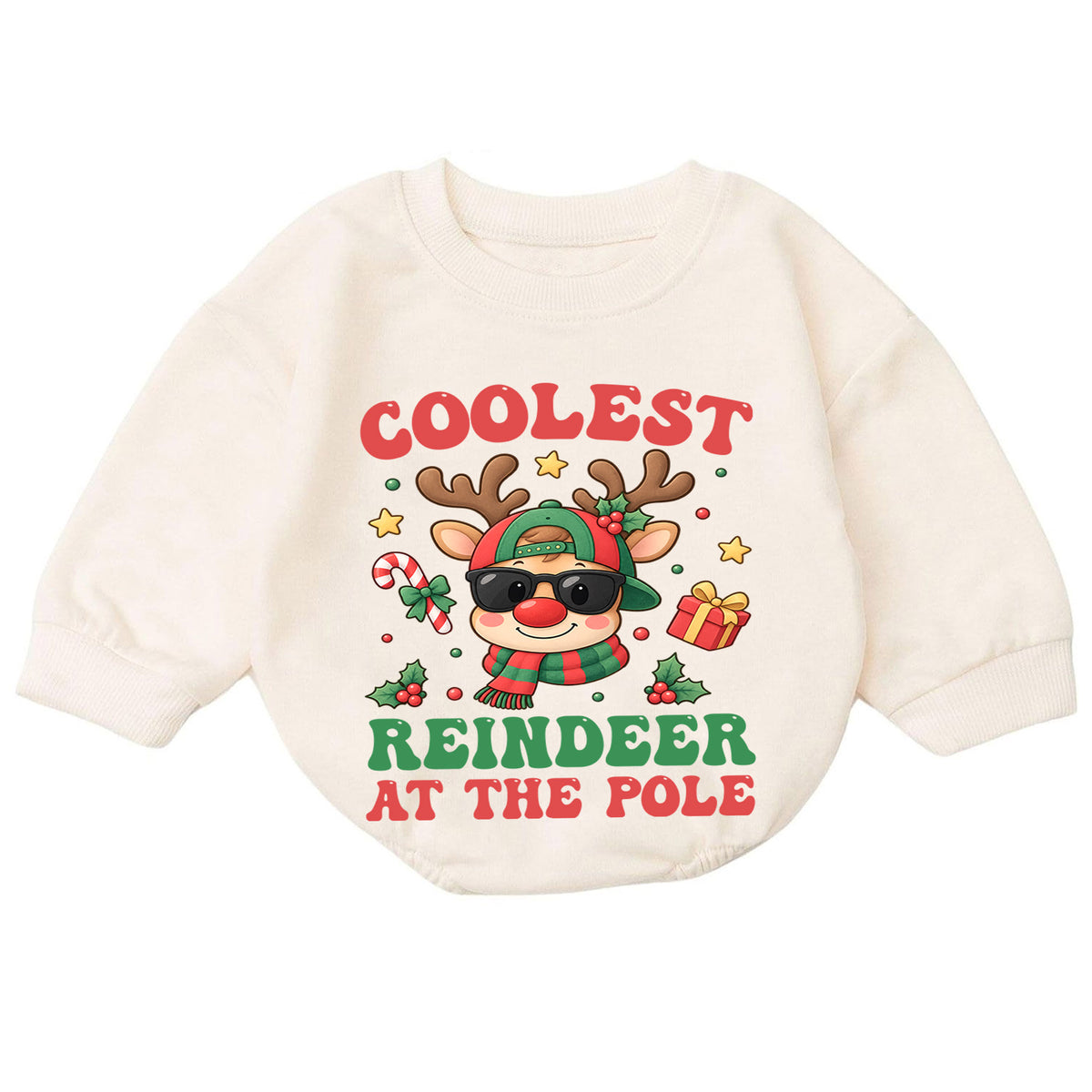 Coolest Reindeer at the Pole Baby Romper, Funny Reindeer Christmas Romper, Toddler Holiday Outfit, Xmas Gift for Baby — product view 7