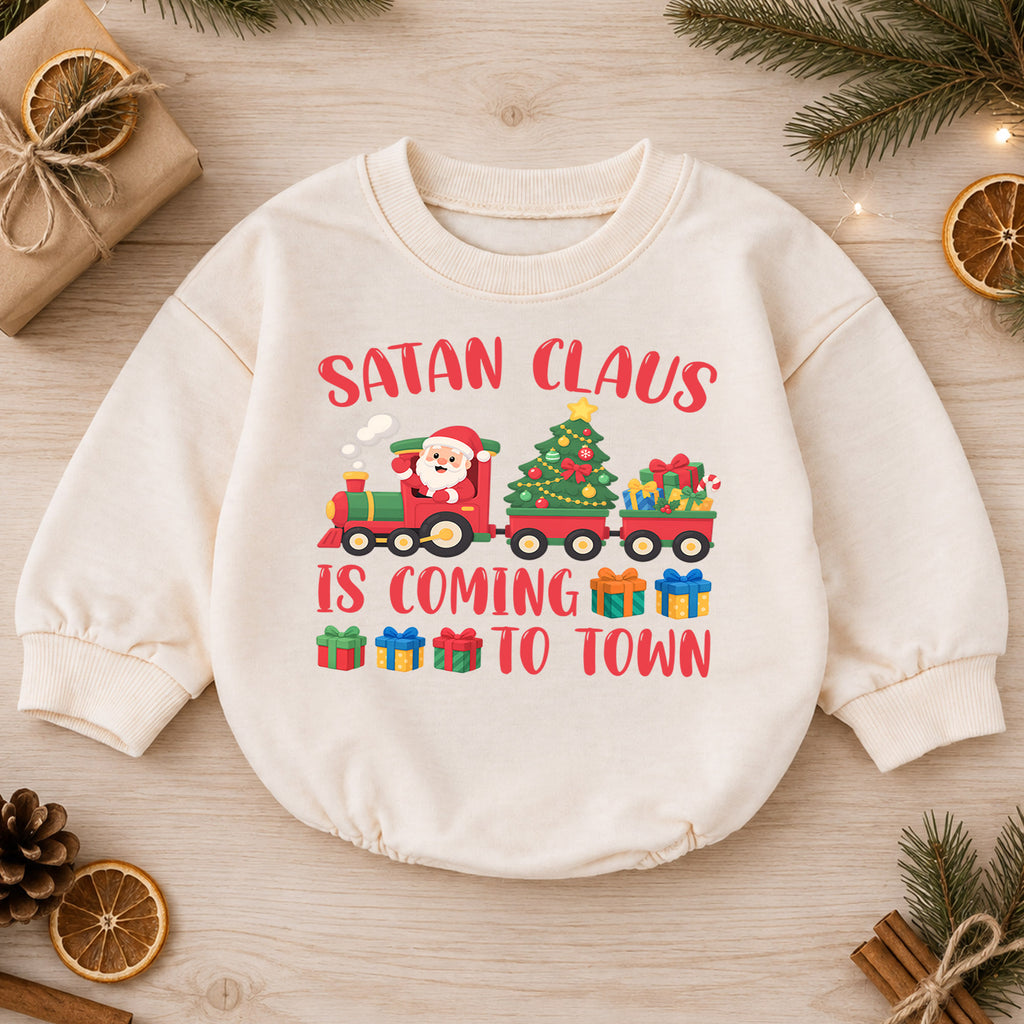 Santa Claus Is Coming to Town Baby Romper, Christmas Train Romper, Toddler Holiday Outfit, Cute Xmas Gift for Baby — product view 1