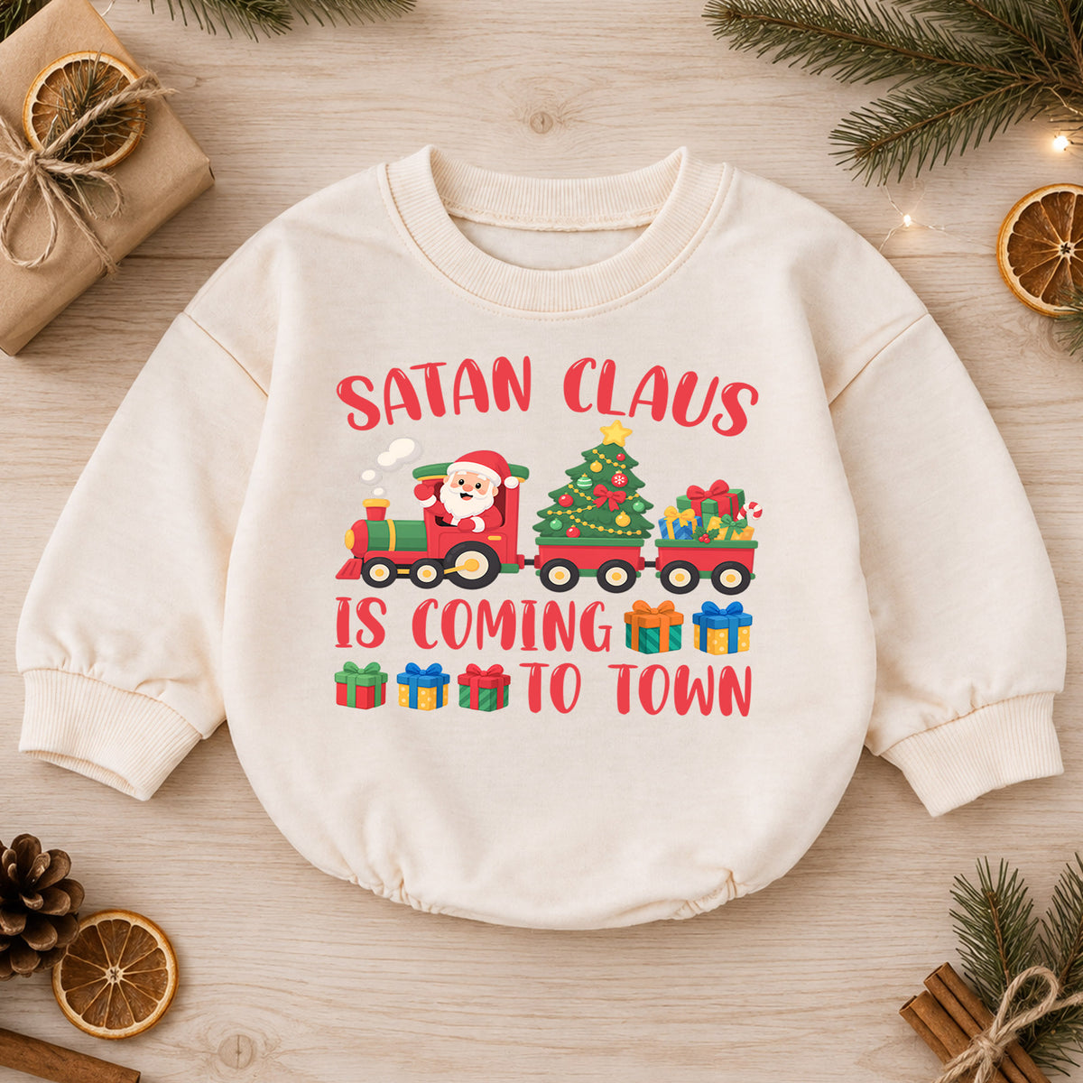 Santa Claus Is Coming to Town Baby Romper, Christmas Train Romper, Toddler Holiday Outfit, Cute Xmas Gift for Baby — product view 1