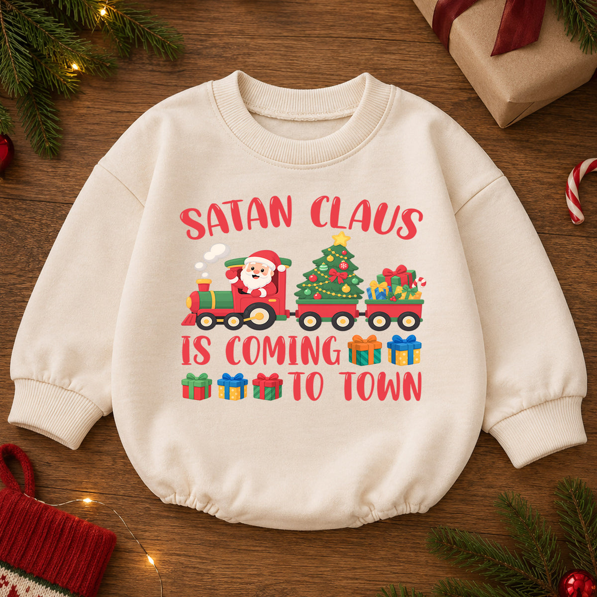 Santa Claus Is Coming to Town Baby Romper, Christmas Train Romper, Toddler Holiday Outfit, Cute Xmas Gift for Baby — product view 2