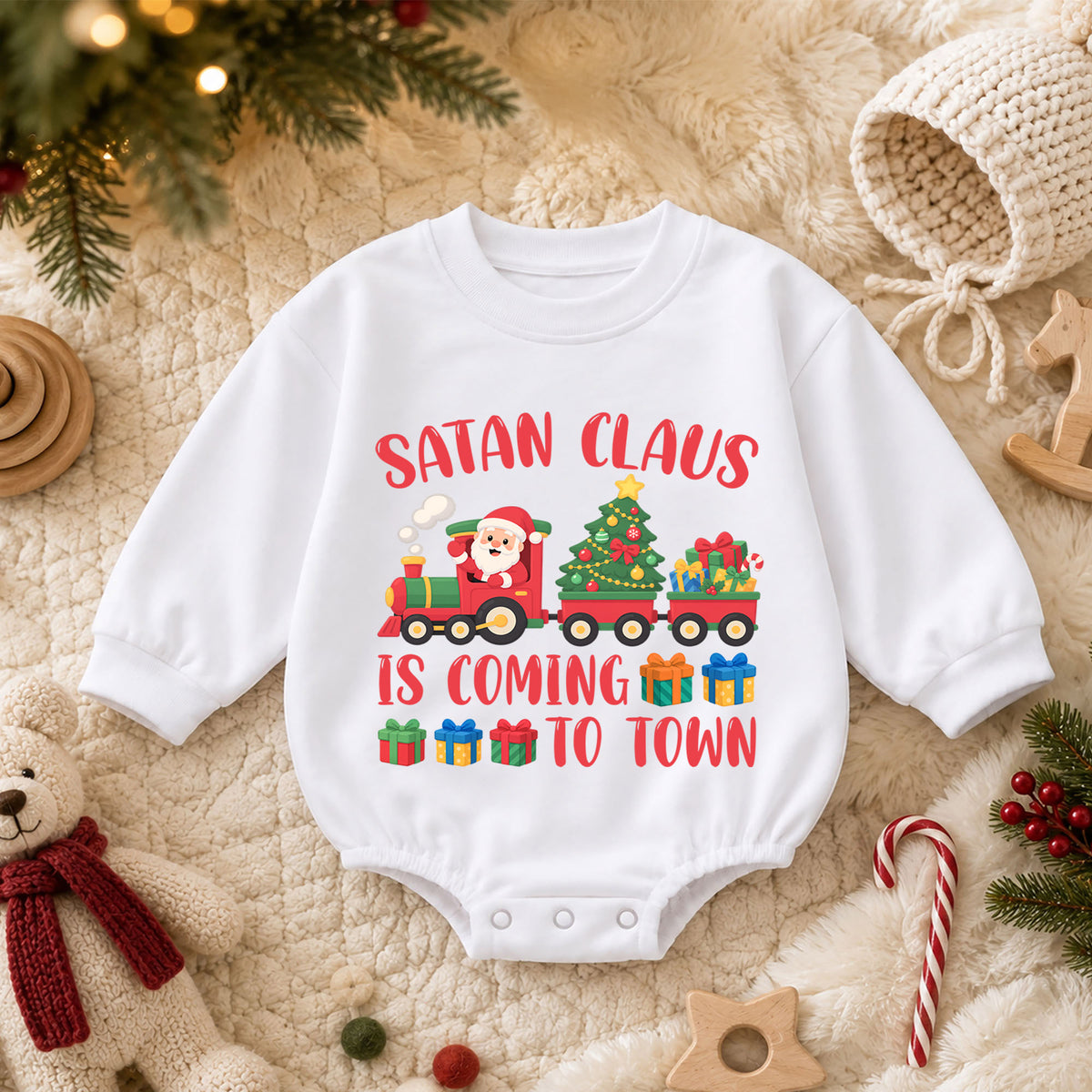 Santa Claus Is Coming to Town Baby Romper, Christmas Train Romper, Toddler Holiday Outfit, Cute Xmas Gift for Baby — product view 3