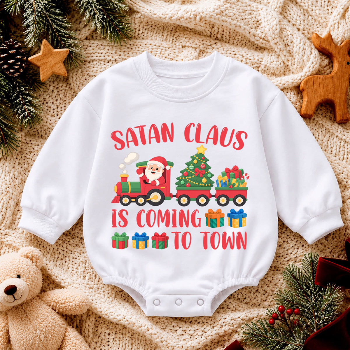 Santa Claus Is Coming to Town Baby Romper, Christmas Train Romper, Toddler Holiday Outfit, Cute Xmas Gift for Baby — product view 4