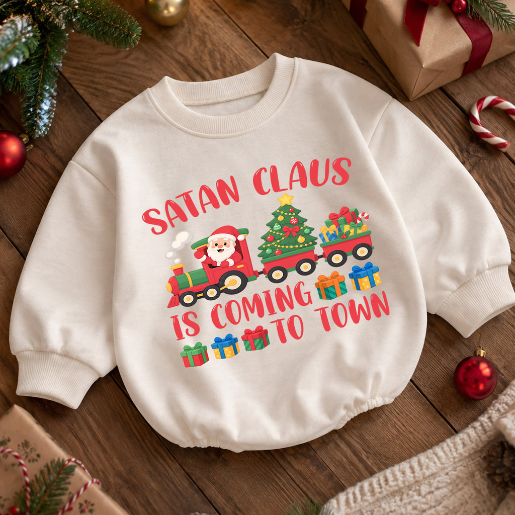 Santa Claus Is Coming to Town Baby Romper, Christmas Train Romper, Toddler Holiday Outfit, Cute Xmas Gift for Baby — product view 5