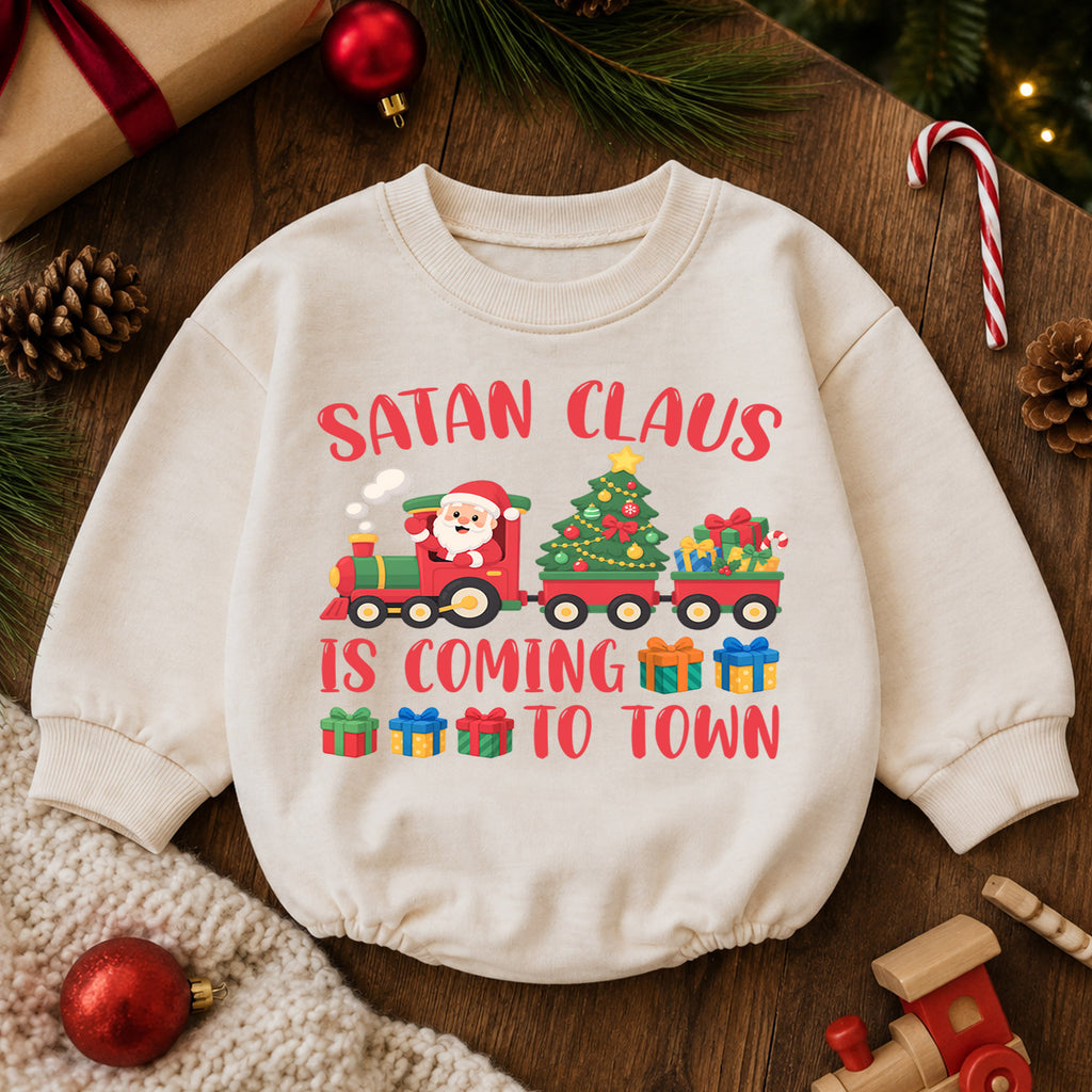 Santa Claus Is Coming to Town Baby Romper, Christmas Train Romper, Toddler Holiday Outfit, Cute Xmas Gift for Baby — product view 6