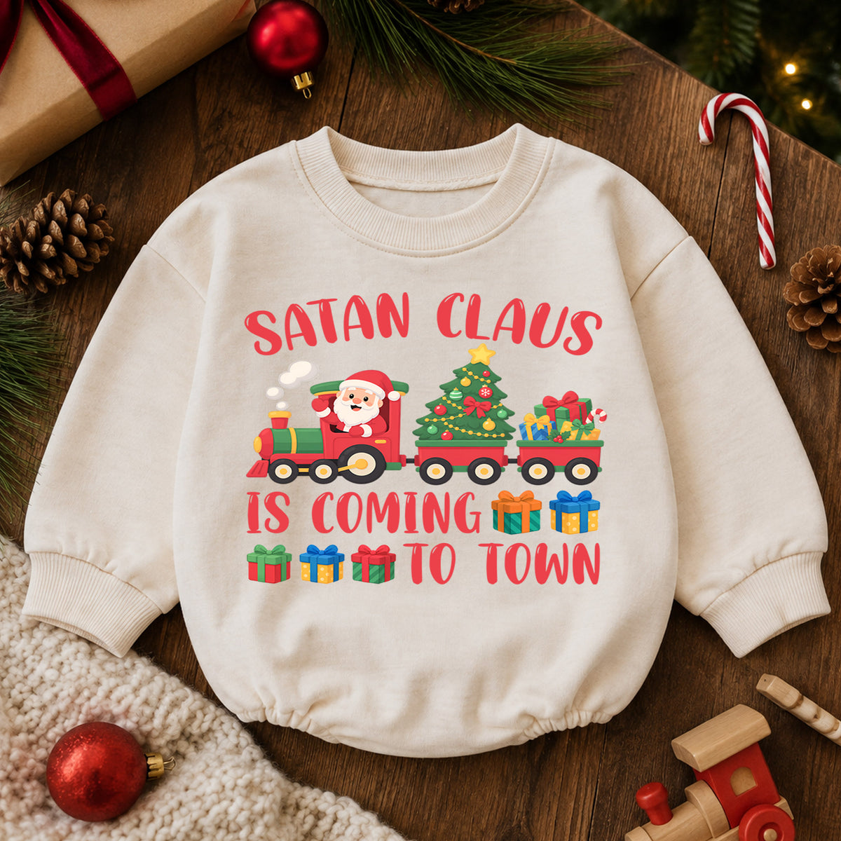 Santa Claus Is Coming to Town Baby Romper, Christmas Train Romper, Toddler Holiday Outfit, Cute Xmas Gift for Baby — product view 6