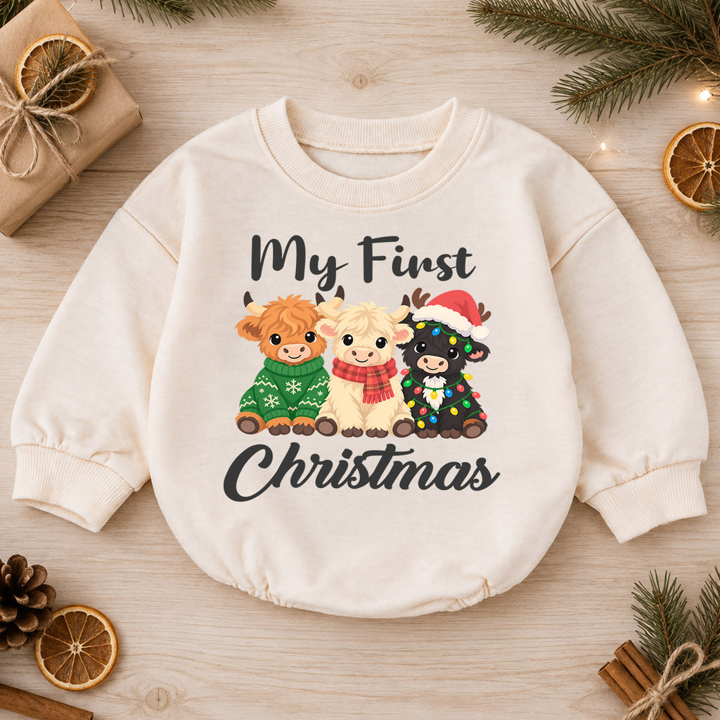 My First Christmas Highland Cow Baby Romper, Baby 1st Christmas & 1st Birthday Outfit, Cute Cow Holiday Romper, Farm Christmas Gift — product view 1