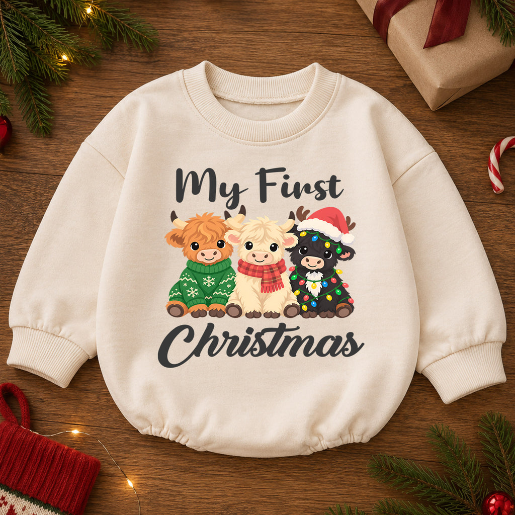 My First Christmas Highland Cow Baby Romper, Baby 1st Christmas & 1st Birthday Outfit, Cute Cow Holiday Romper, Farm Christmas Gift — product view 2