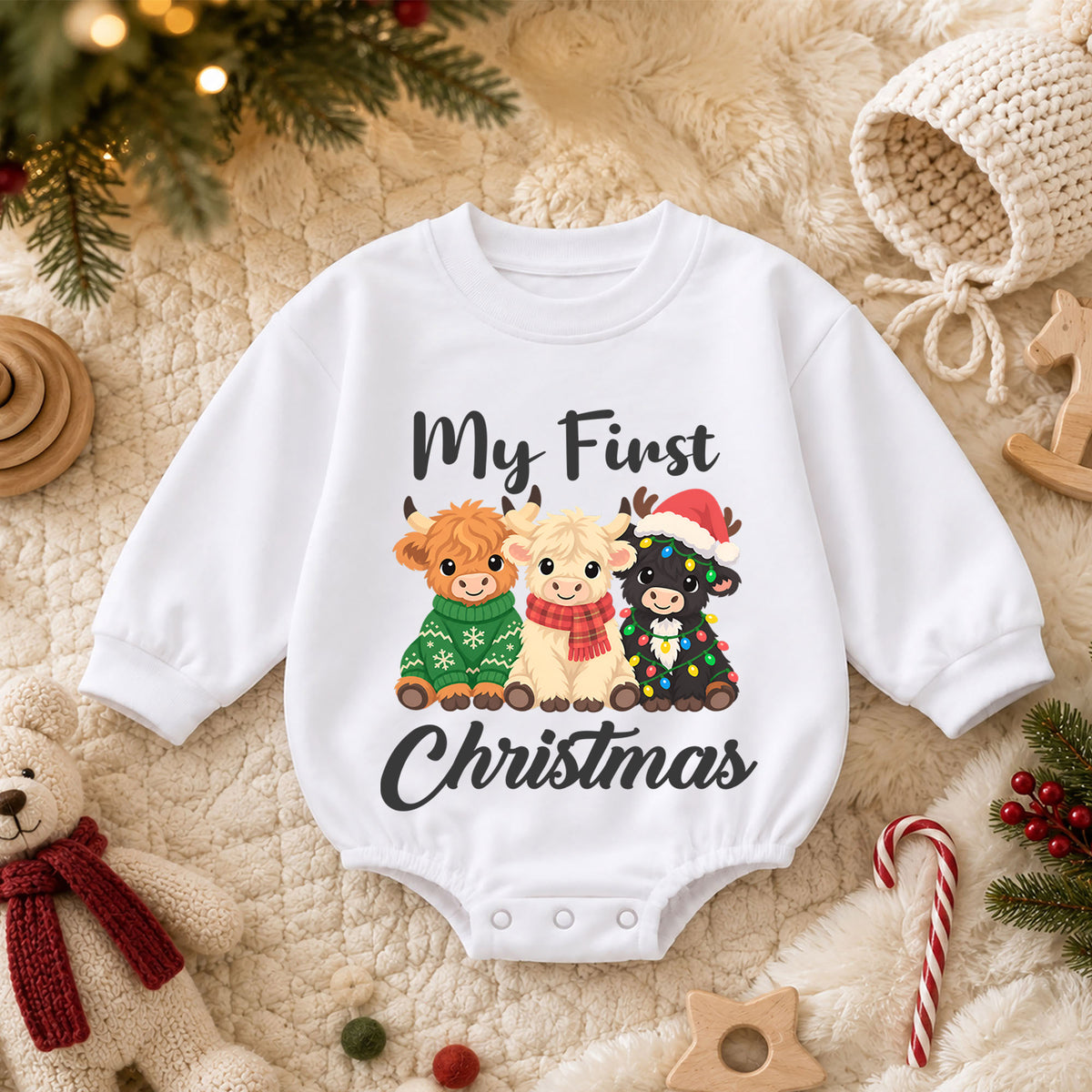 My First Christmas Highland Cow Baby Romper, Baby 1st Christmas & 1st Birthday Outfit, Cute Cow Holiday Romper, Farm Christmas Gift — product view 3
