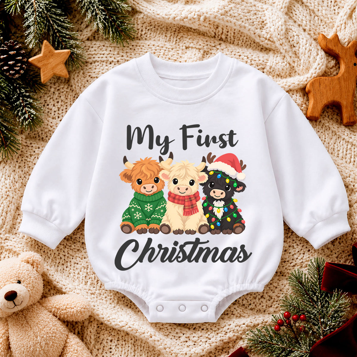 My First Christmas Highland Cow Baby Romper, Baby 1st Christmas & 1st Birthday Outfit, Cute Cow Holiday Romper, Farm Christmas Gift — product view 4