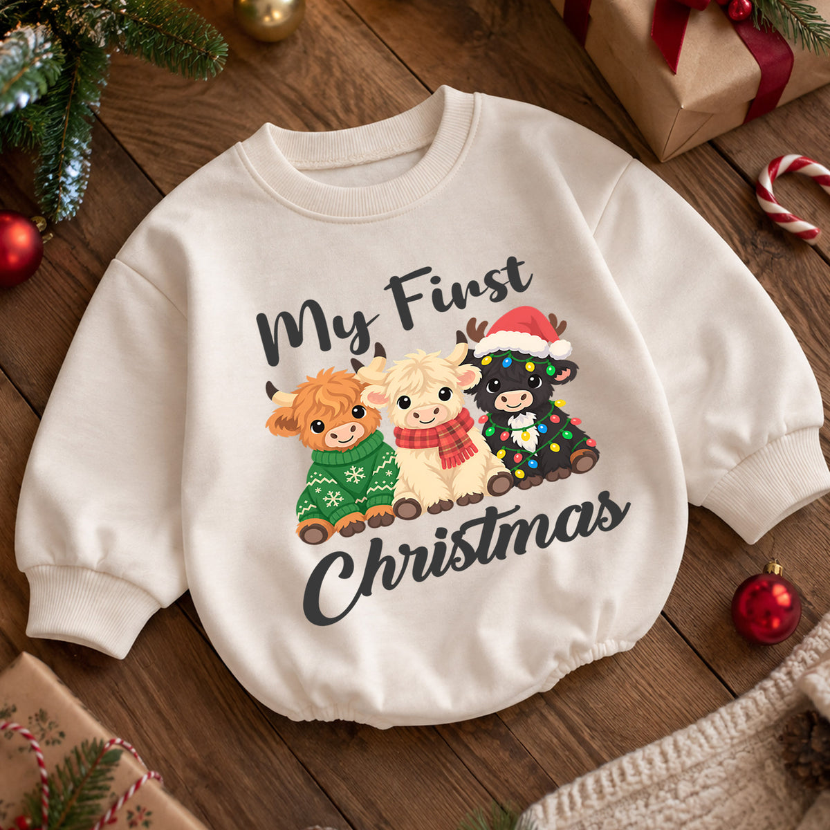My First Christmas Highland Cow Baby Romper, Baby 1st Christmas & 1st Birthday Outfit, Cute Cow Holiday Romper, Farm Christmas Gift — product view 5