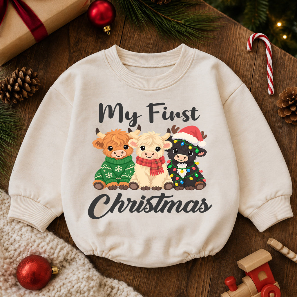 My First Christmas Highland Cow Baby Romper, Baby 1st Christmas & 1st Birthday Outfit, Cute Cow Holiday Romper, Farm Christmas Gift — product view 6