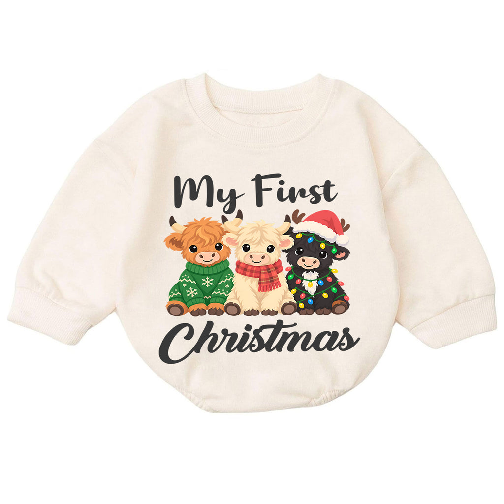 My First Christmas Highland Cow Baby Romper, Baby 1st Christmas & 1st Birthday Outfit, Cute Cow Holiday Romper, Farm Christmas Gift — product view 7