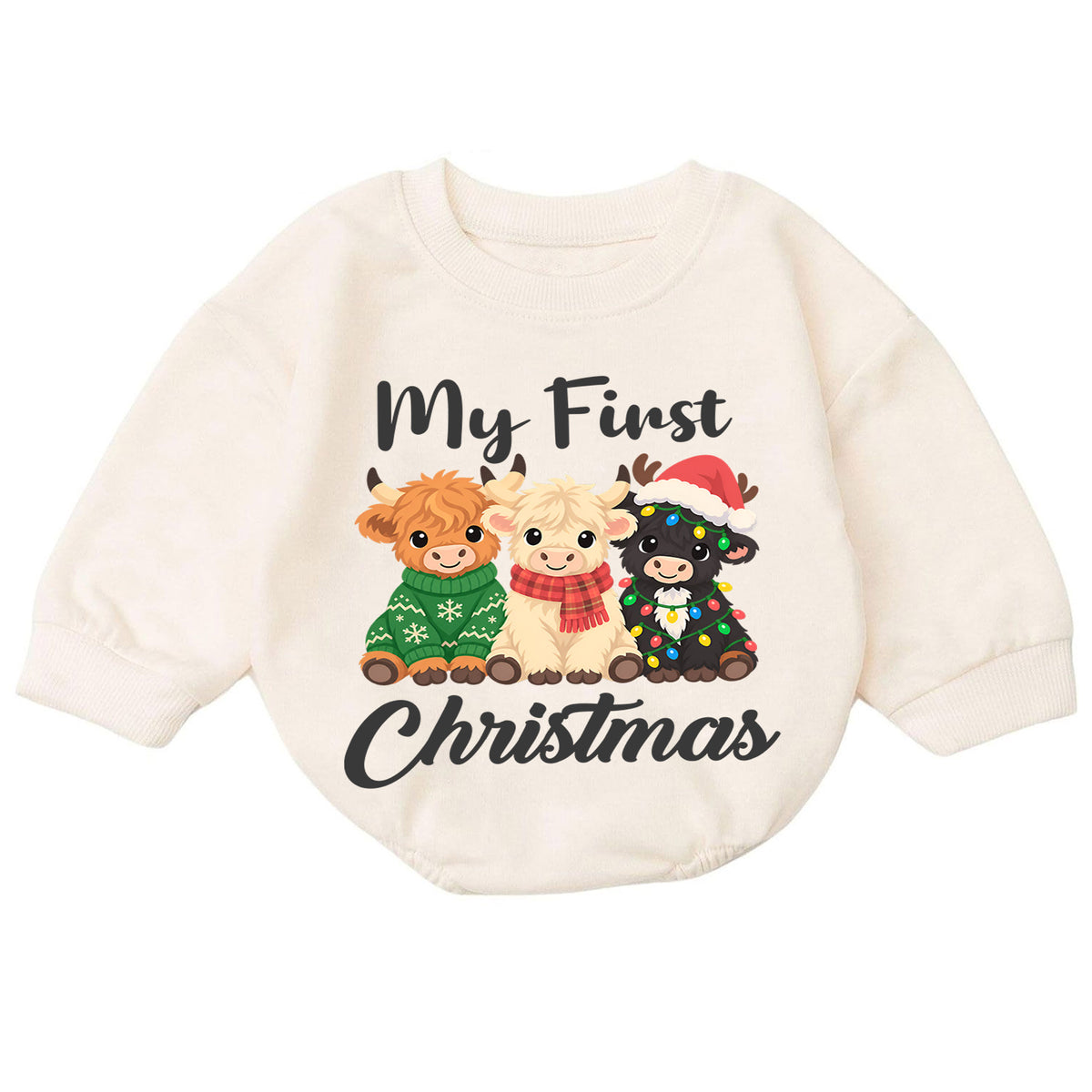 My First Christmas Highland Cow Baby Romper, Baby 1st Christmas & 1st Birthday Outfit, Cute Cow Holiday Romper, Farm Christmas Gift — product view 7